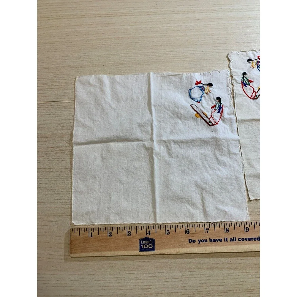 Vintage 2 Square Hankies, Hanky, Embroidered 2 Girls playing on one corner 8.5
